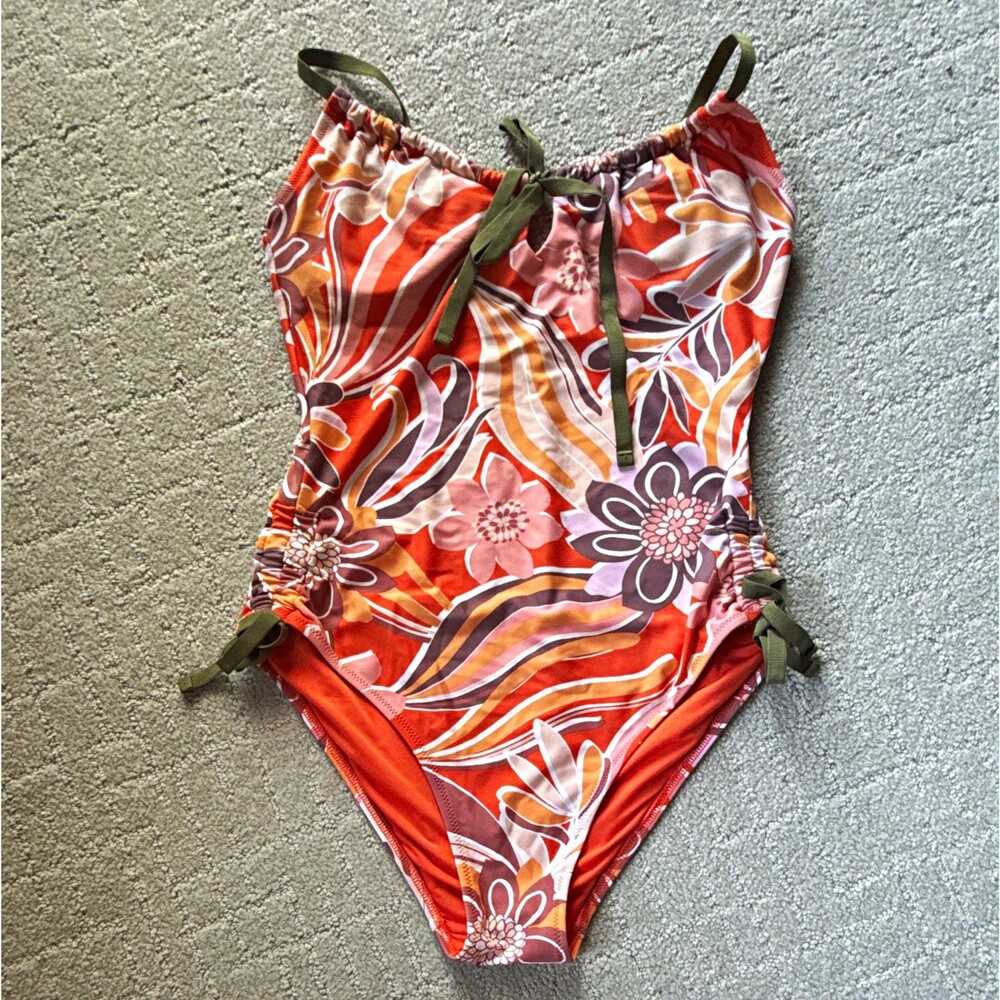 Aerie Women's Orange Floral One Piece Swimsuit Lined Adjustable Straps Sz S